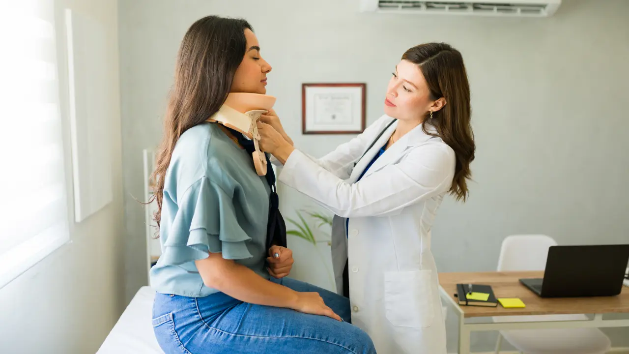 Doctor fitting a neck brace on patient.